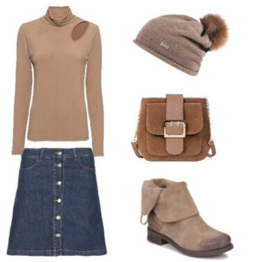 Outfit tronchetto basso beige e gonna in jeans